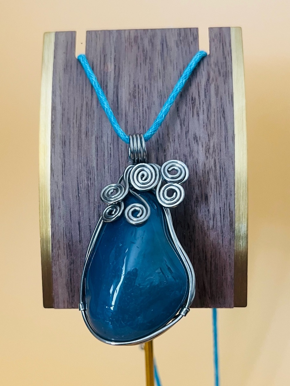 Natural Blue stone, pendant, silver plated, wire wrapped